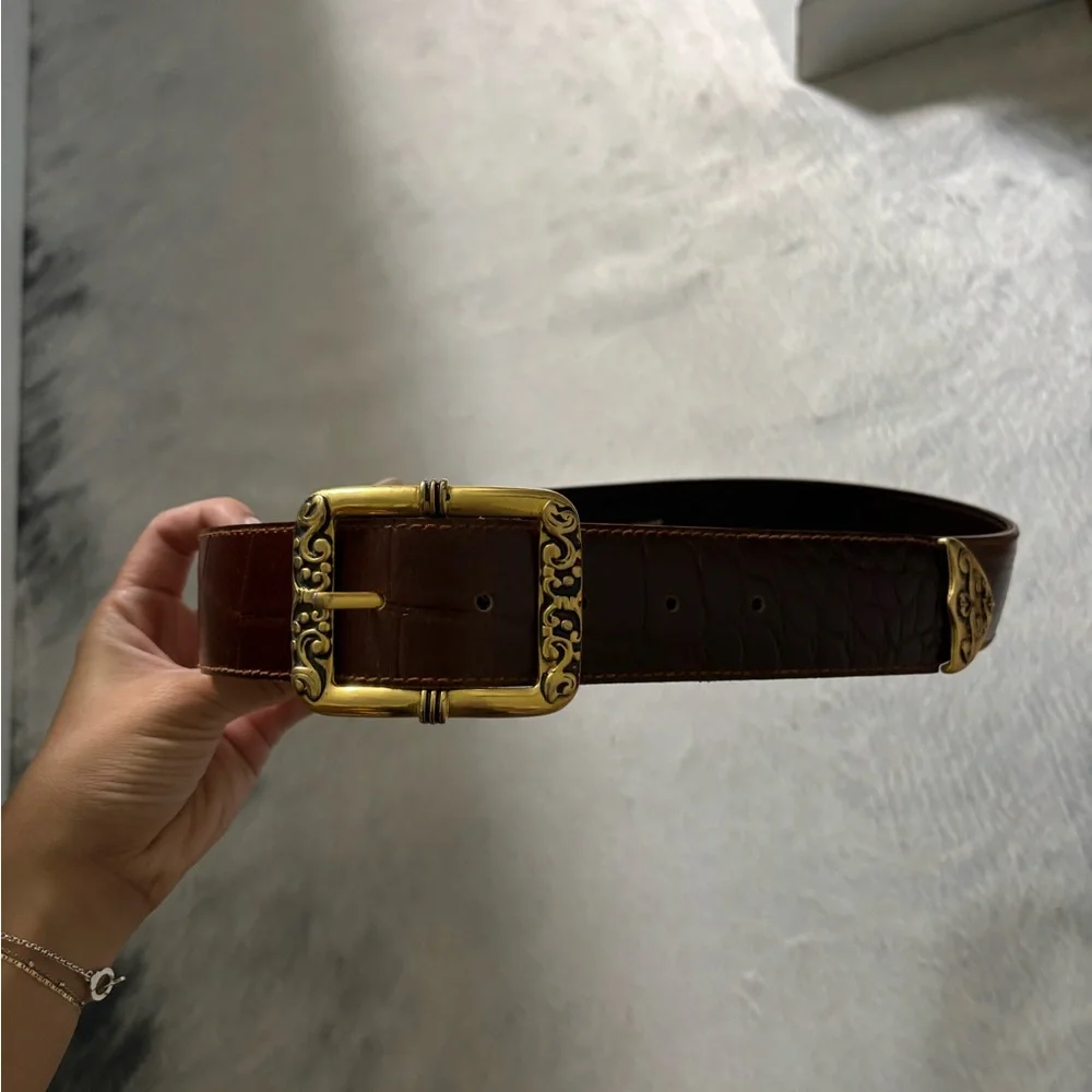 Express Dark Brown Leather Belt with Gold Ornate Buckle